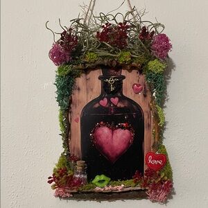 Dark Valentine Heart Bottle Wall hanging decor handcrafted border love moss pink